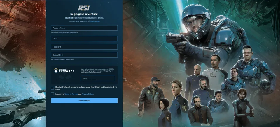 Official RSI registration screen with Squadron 42 artwork and referral-code field